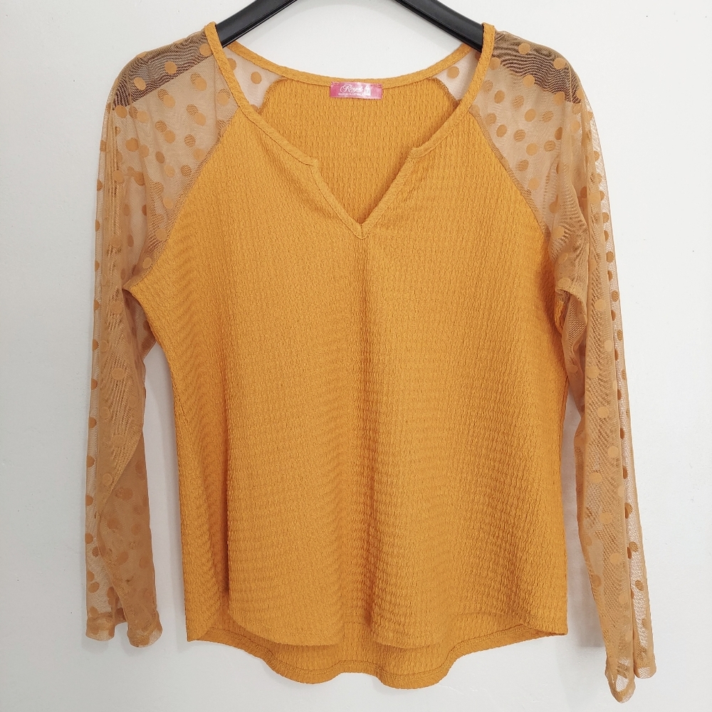 Royal Women's Mustard Yellow Blouse Mesh Polka Dot Long Sleeve V-Neck Size 1X